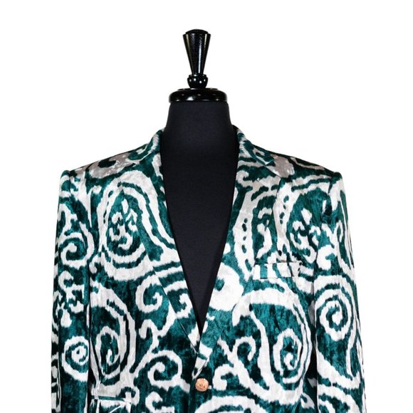 Mens Blazer Green White Abstract Velvet Formal Tuxedo Suit Jacket Sport Coat 42R - Picture 3 of 8